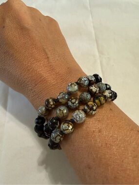 SAACHI Multi Strand Black Gray Faceted Rondelle Crystal Glass Beaded Bracelet